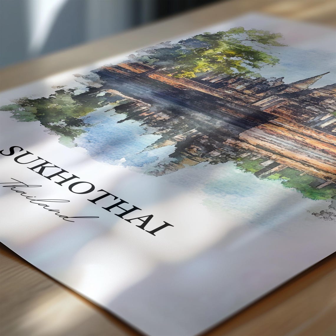 Sukhothai Thailand Watercolor Ancient Temple Reflection Art Poster - Image 7