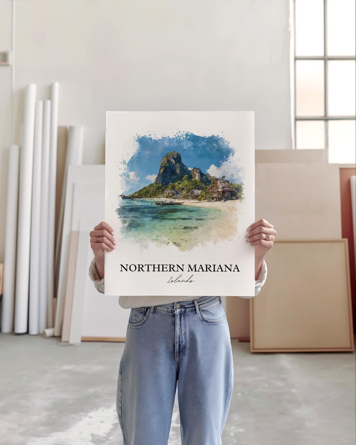 Northern Mariana Islands Tropical Beach Mountain Watercolor Poster - Image 4