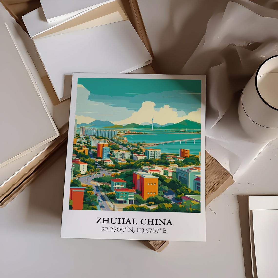 Zhuhai China Coastal Skyline Retro Travel Coordinates Art Poster - Image 4