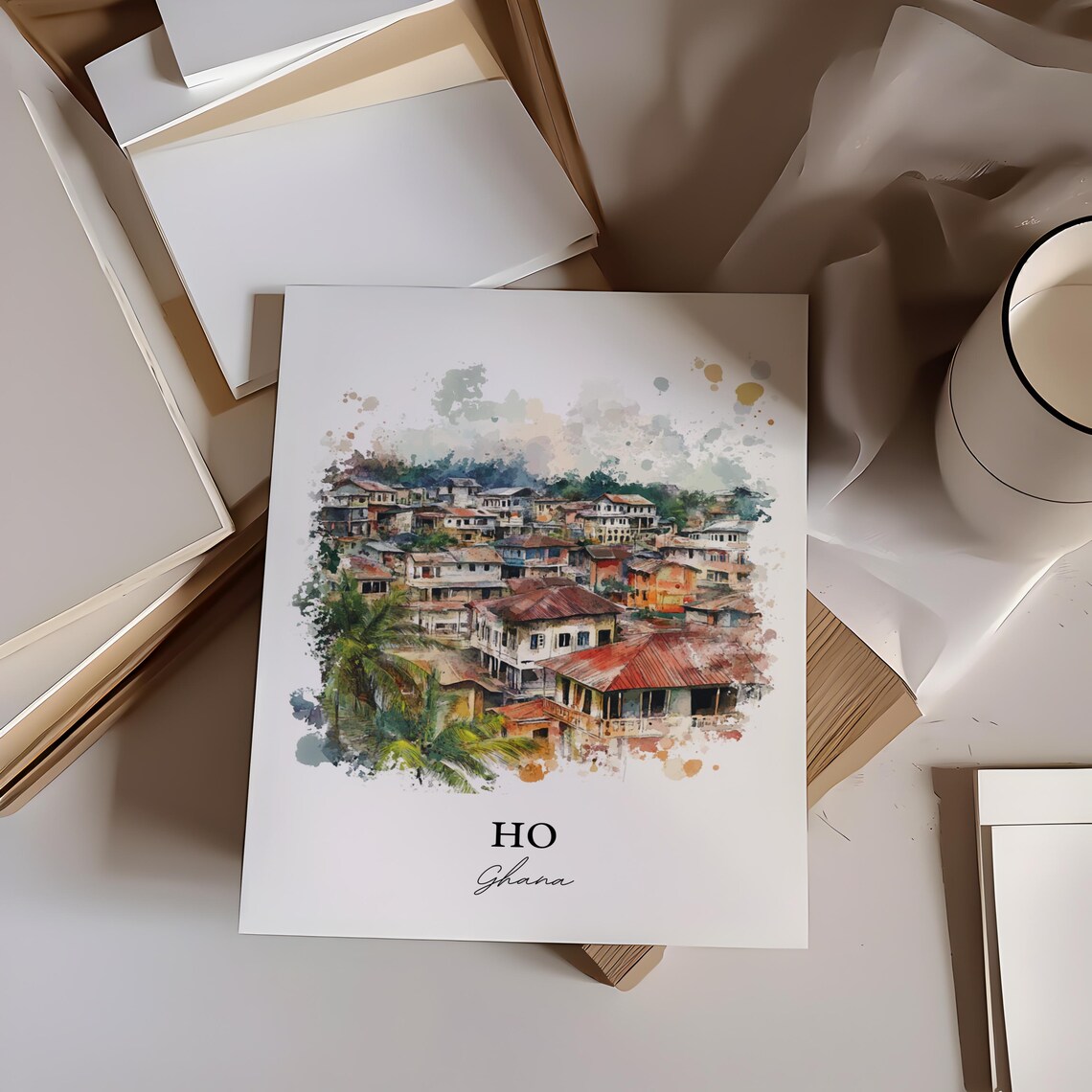 Ho Ghana Watercolor Cityscape African Town Hills View Poster - Image 4