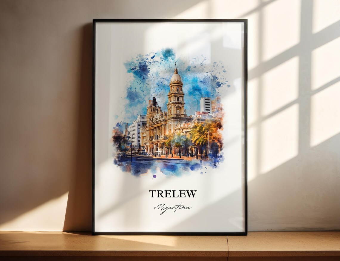 Trelew Argentina Historic City Hall Watercolor Street Scene Poster