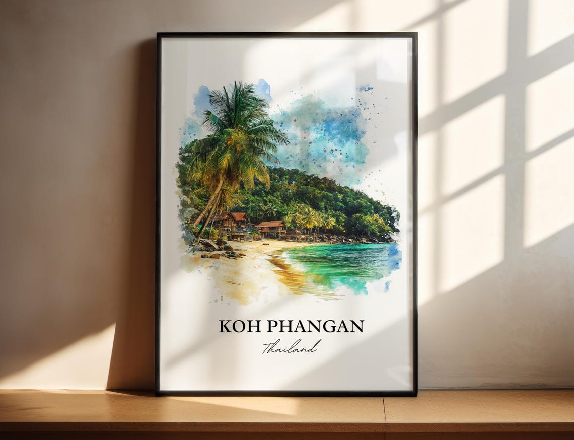 Koh Phangan Thailand Watercolor Palm Beach Turquoise Sea Poster