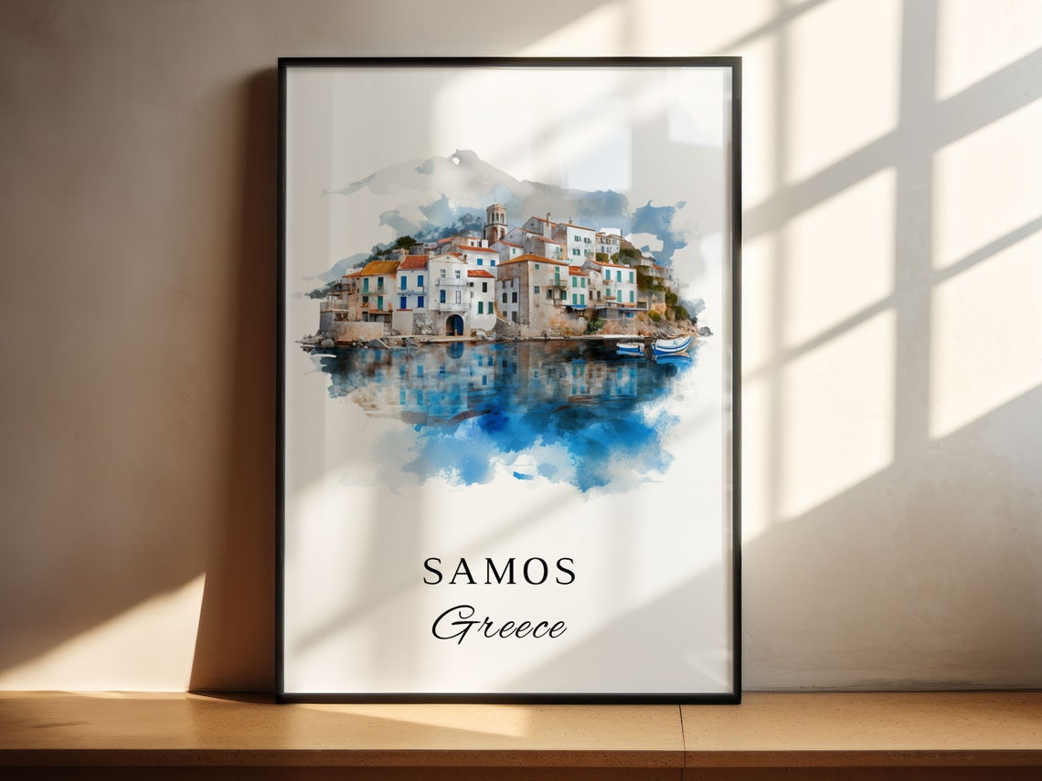 Samos Greece Harbor Town Reflection Watercolor Island Travel Poster