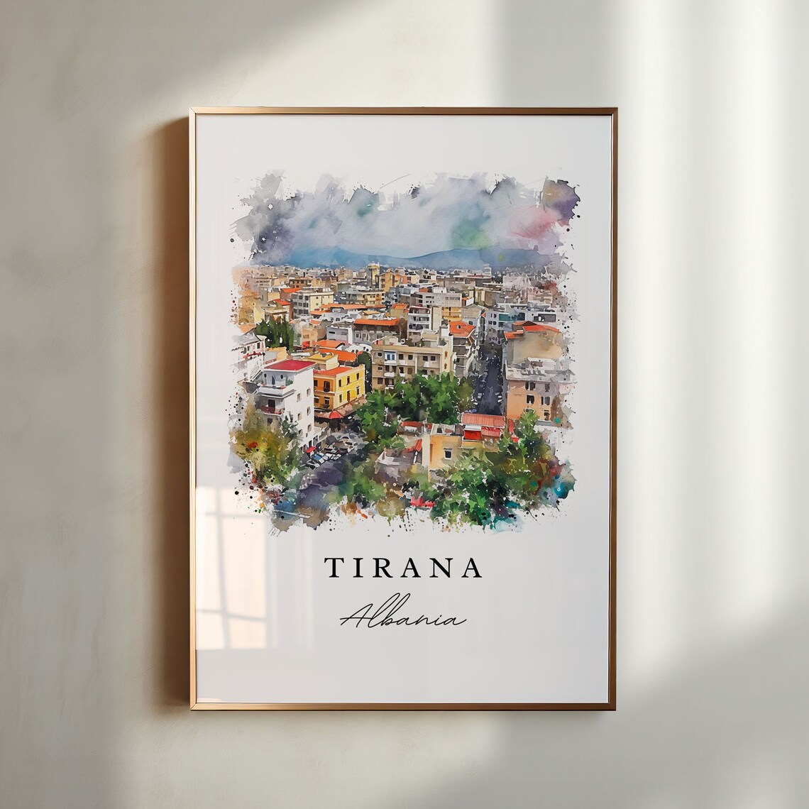 Tirana Albania Colorful Watercolor City View Travel Souvenir Poster