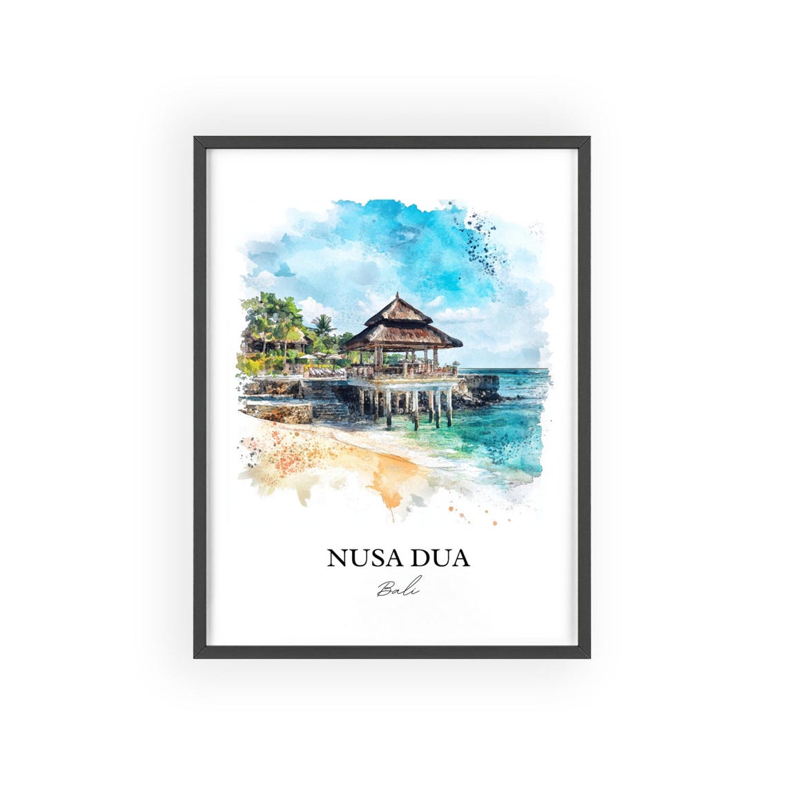 Nusa Dua Bali Watercolor Ocean Pavilion Sandy Beach Cove Poster - Image 2