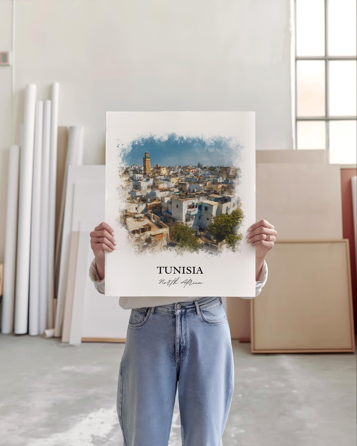Tunisia North Africa White Medina Skyline Watercolor Travel Poster - Image 5