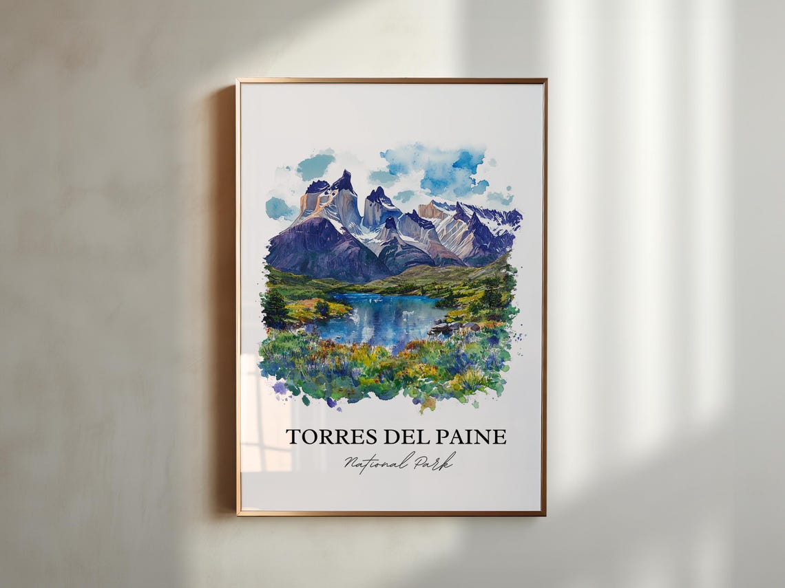 Torres del Paine National Park Watercolor Mountain Scene Poster - Image 5