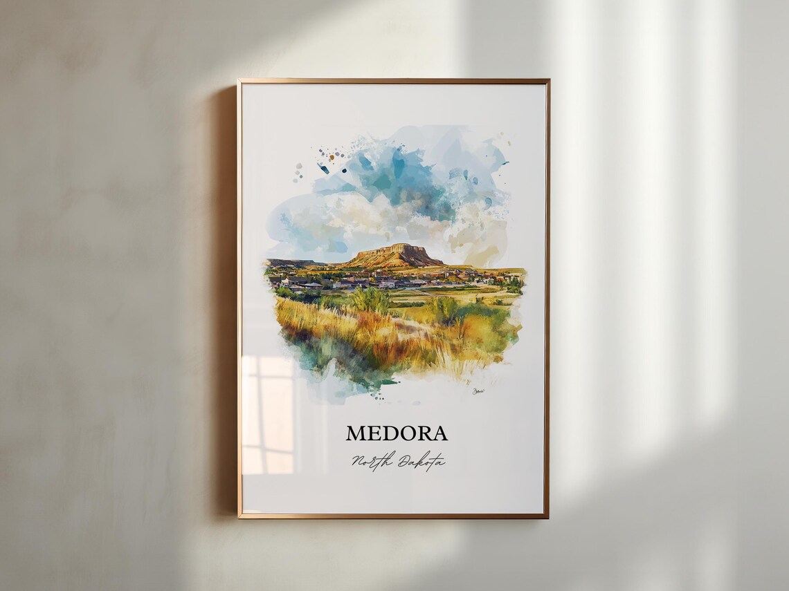 Medora North Dakota Watercolor Badlands Butte Town View Poster - Image 3