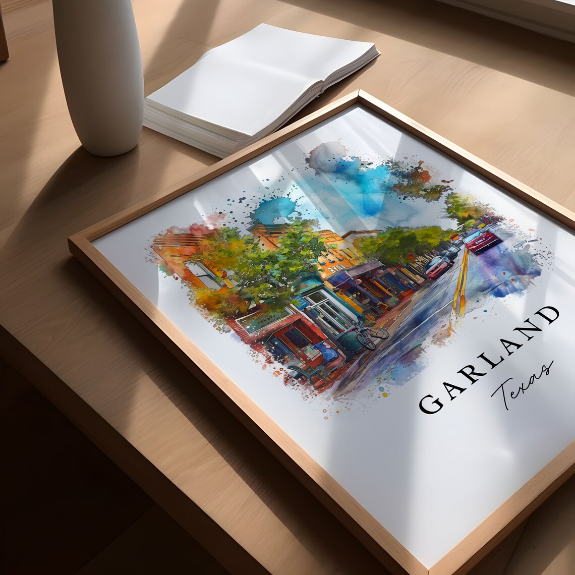 Garland Texas Watercolor Colorful Downtown Main Street Poster - Image 5