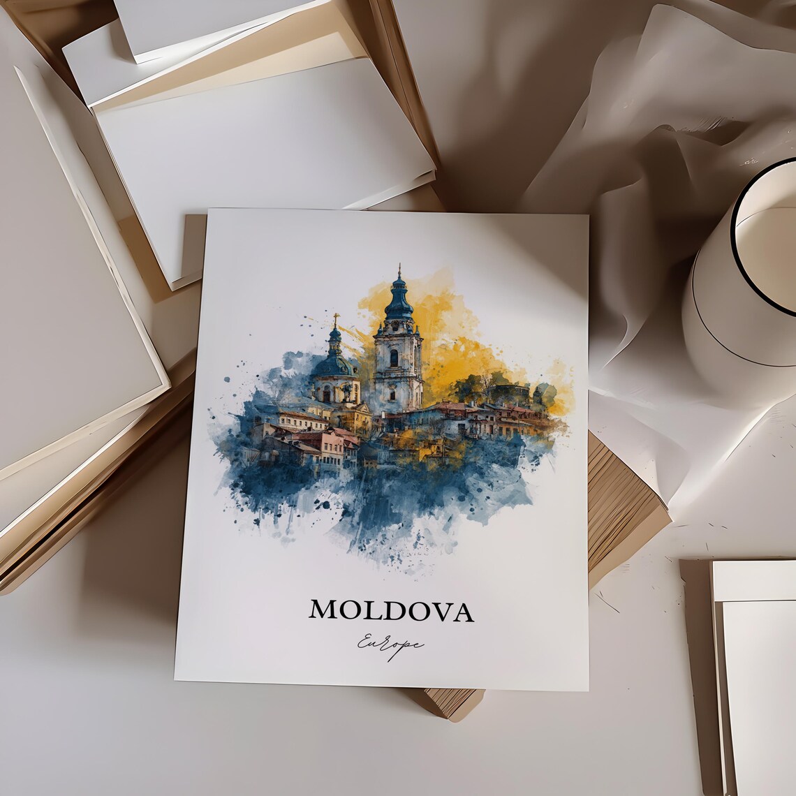 Moldova Church Towers Golden Watercolor Europe Travel Poster - Image 4