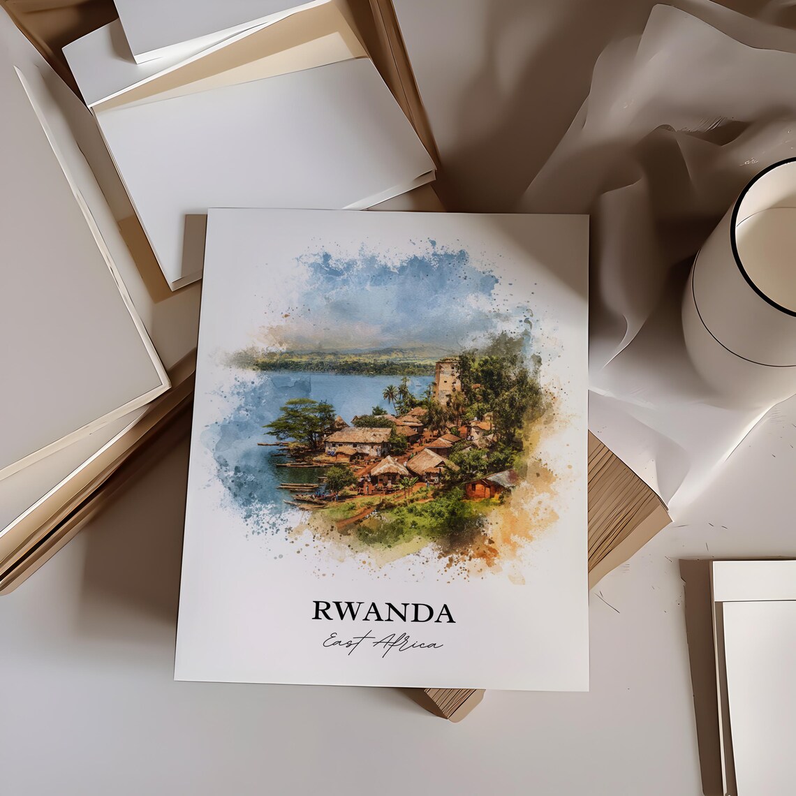 Rwanda East Africa Watercolor Lakeside Village Hills Travel Poster - Image 2