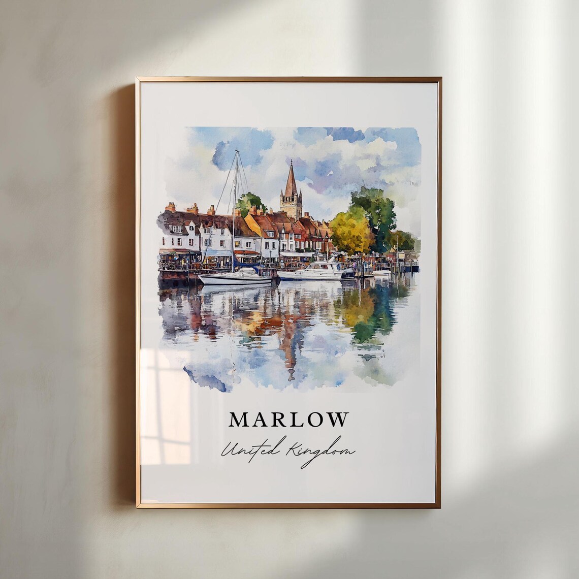Marlow United Kingdom Watercolor Harbour Sailboats Town Poster