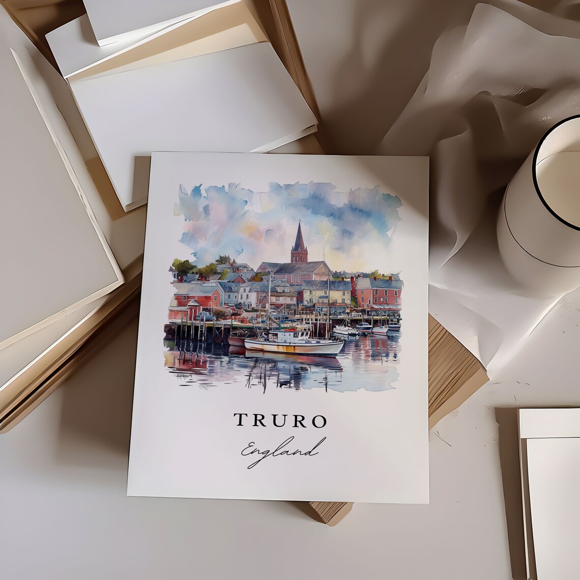 Truro England Historic Harbor Boats Watercolor Coastal Travel Poster - Image 6