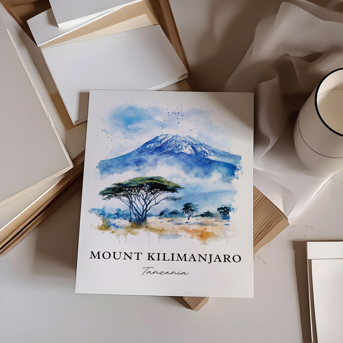 Mount Kilimanjaro Tanzania Snow Peak Acacia Savanna Watercolor Poster - Image 2