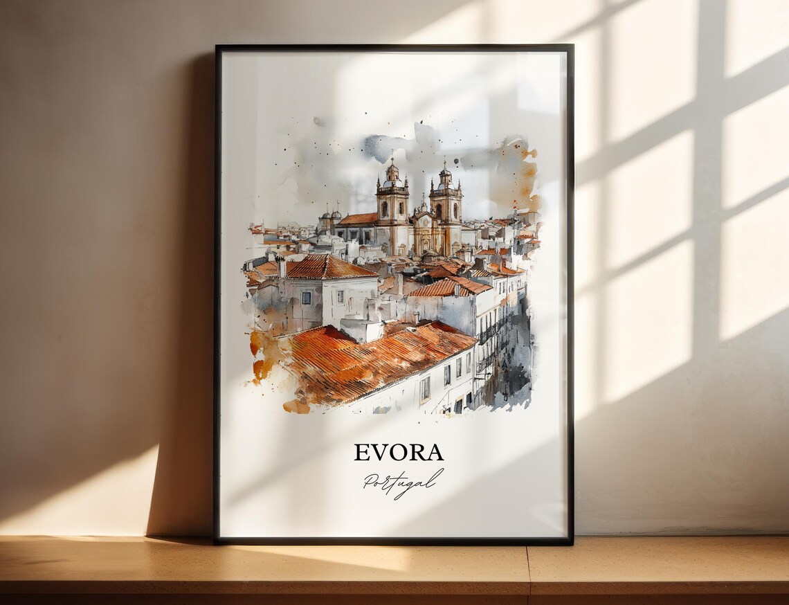 Evora Portugal Watercolor Rooftops Church Towers Historic Town Poster