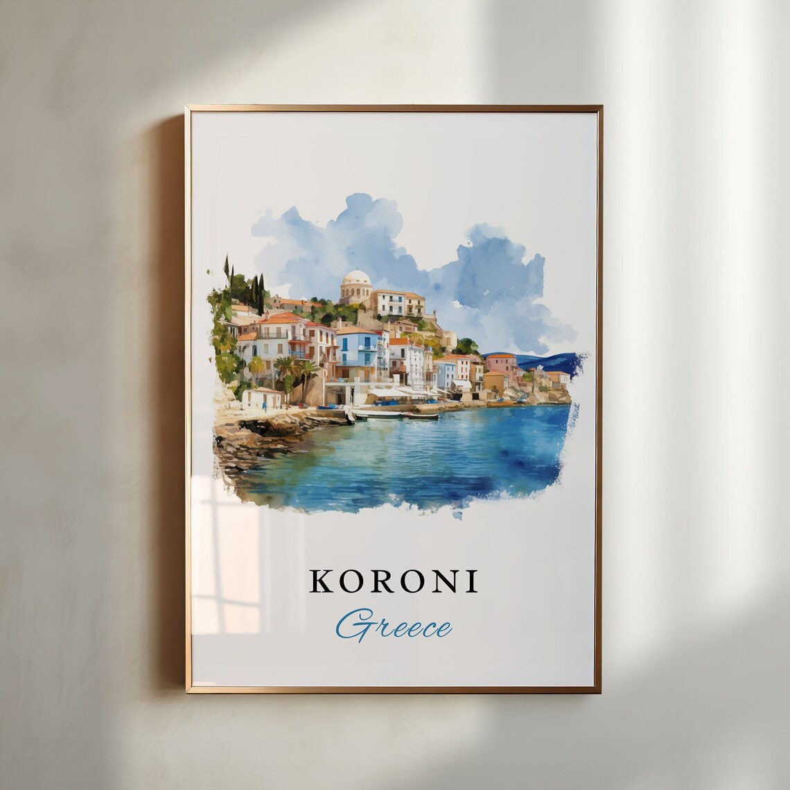 Koroni Greece Watercolor Coastal Town Sea View Travel Poster