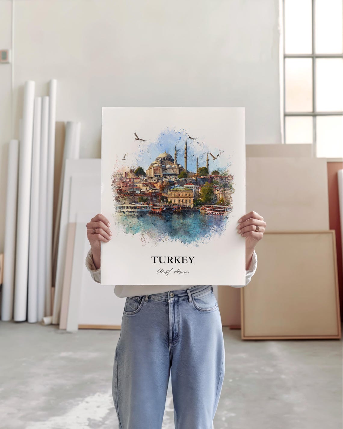 Turkey Watercolor Art Ottoman Mosque Waterfront Minarets Poster - Image 4