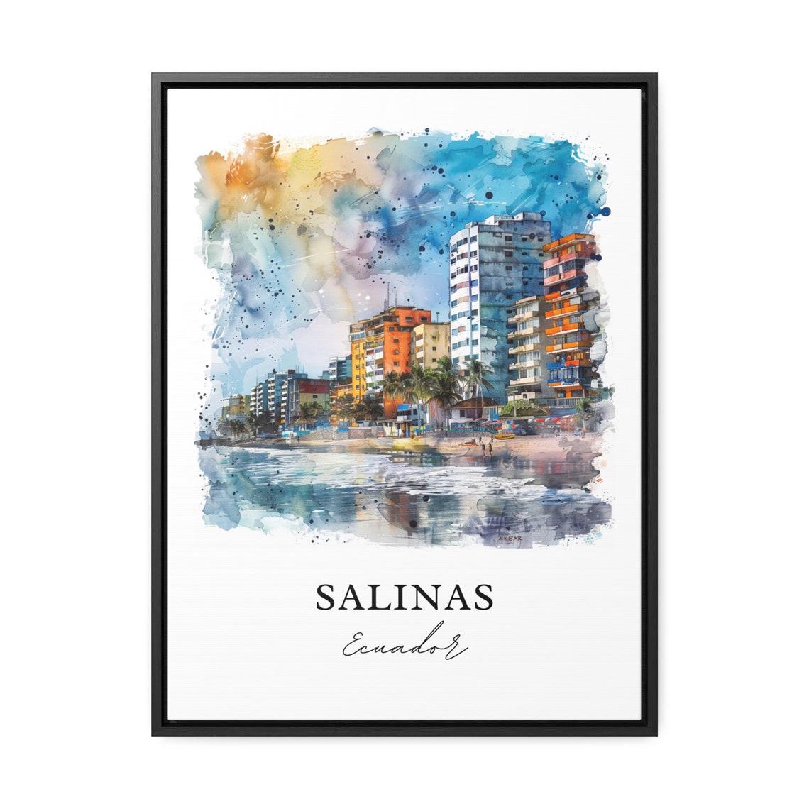Salinas Ecuador Beachfront Towers Bay Shore Watercolor Poster - Image 3