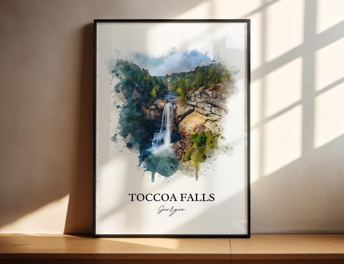Toccoa Falls Georgia Tall Forest Gorge Waterfall Watercolor Poster
