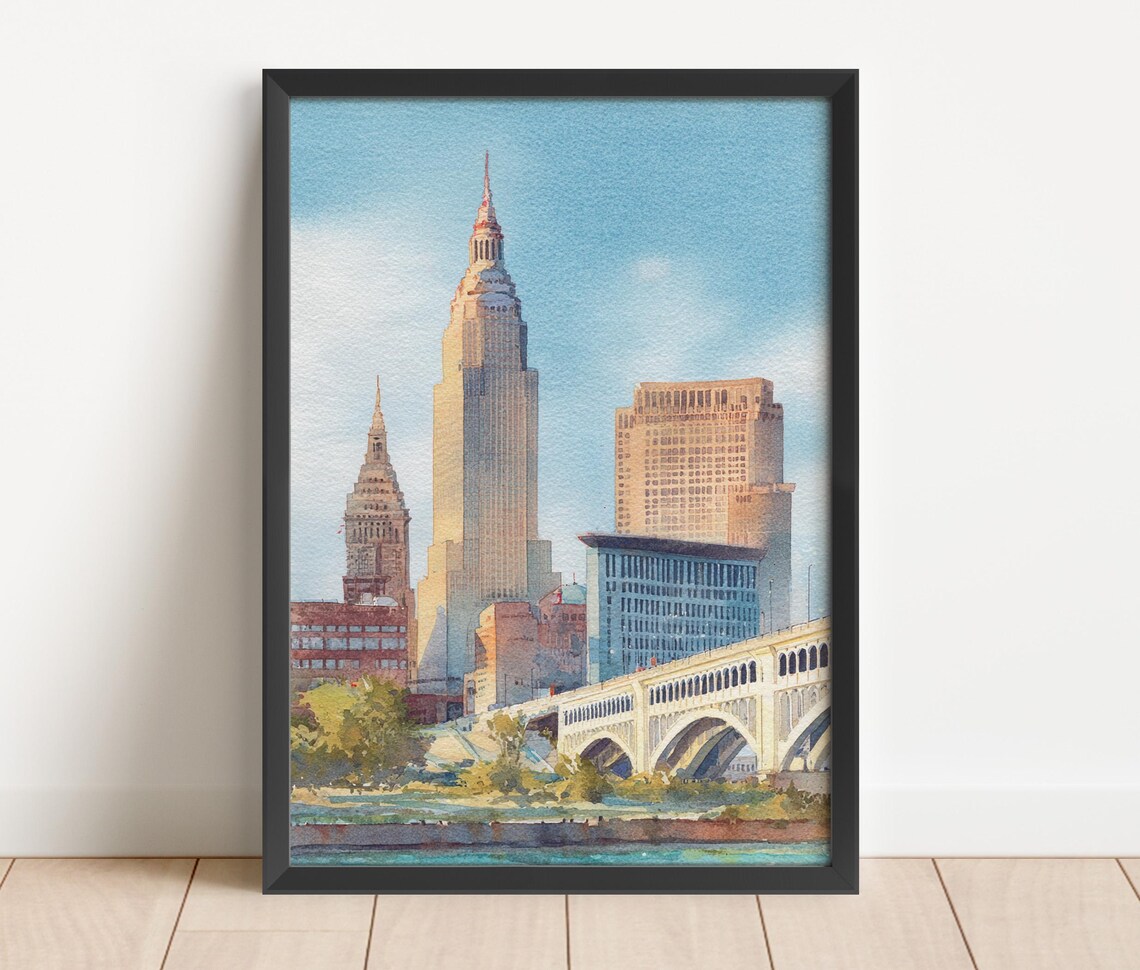 Cleveland Watercolor Art Travel Print Ohio Artwork Skyline Decor Wall