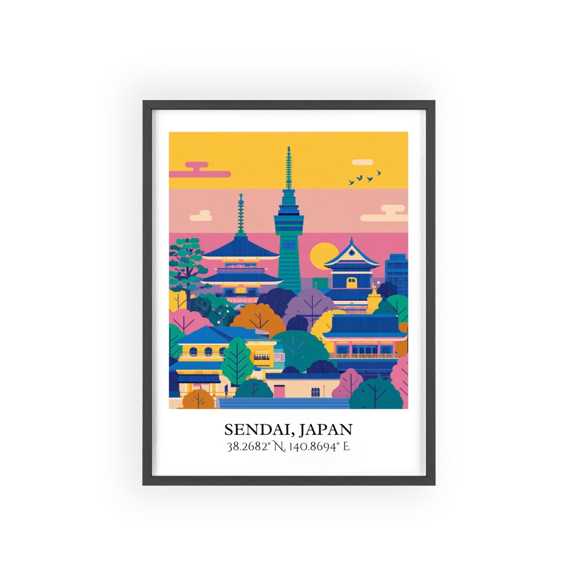 Sendai Japan Temple Pagoda Tower Golden Sunset Retro Travel Poster - Image 2
