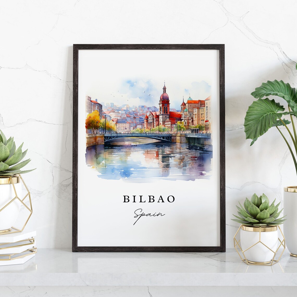 Bilbao Spain Historic River Bridge Old Town Watercolor Travel Poster - Image 3