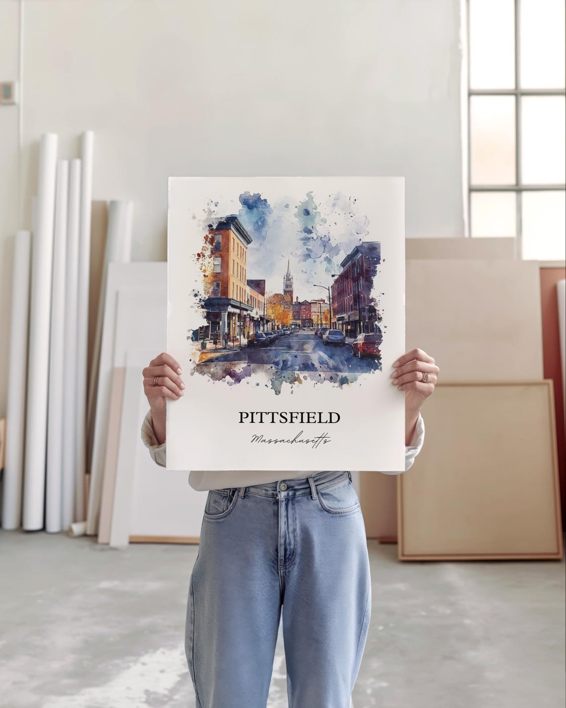 Pittsfield Massachusetts Downtown Street Watercolor Art Poster - Image 3