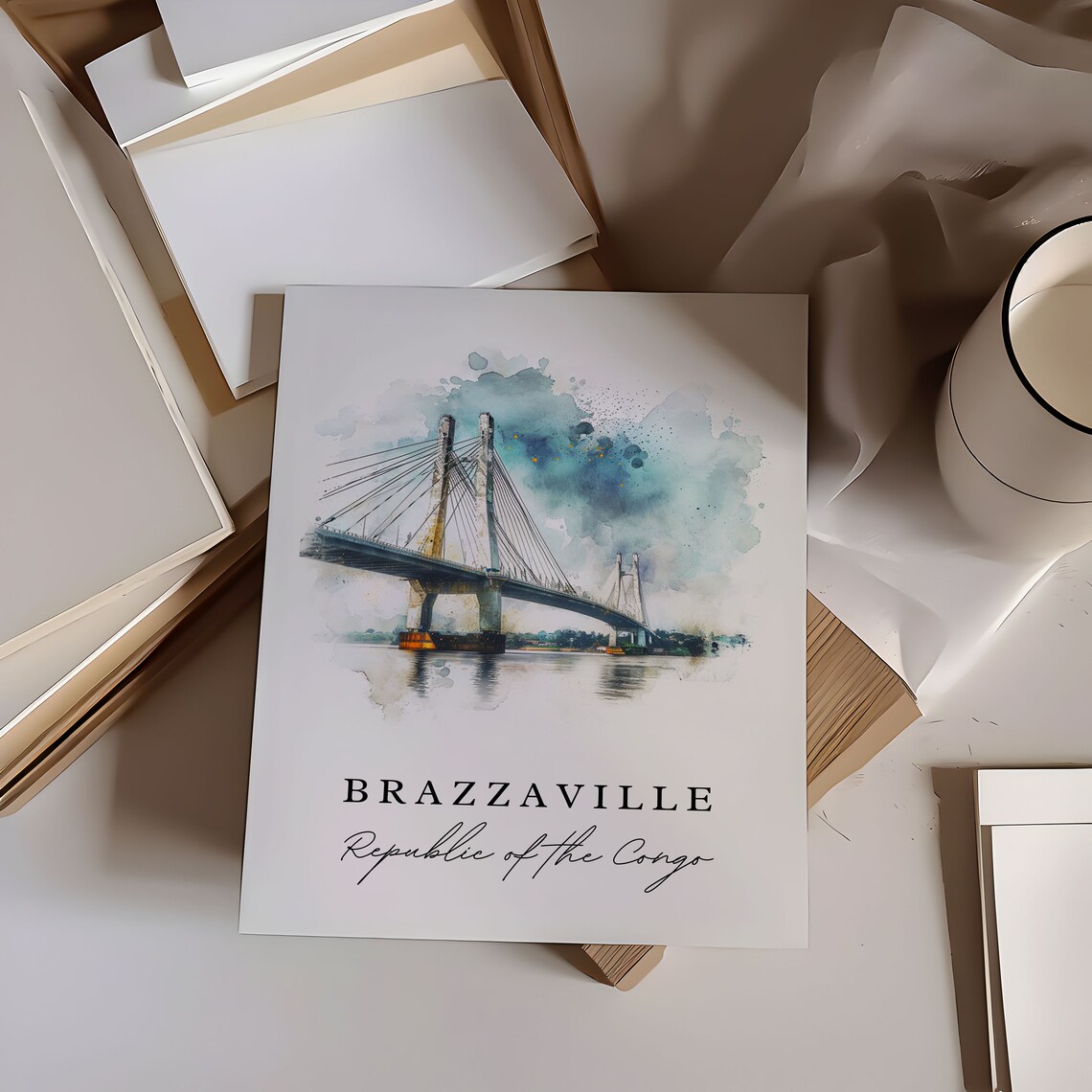 Brazzaville Republic Of The Congo Bridge Watercolor Travel Poster - Image 5