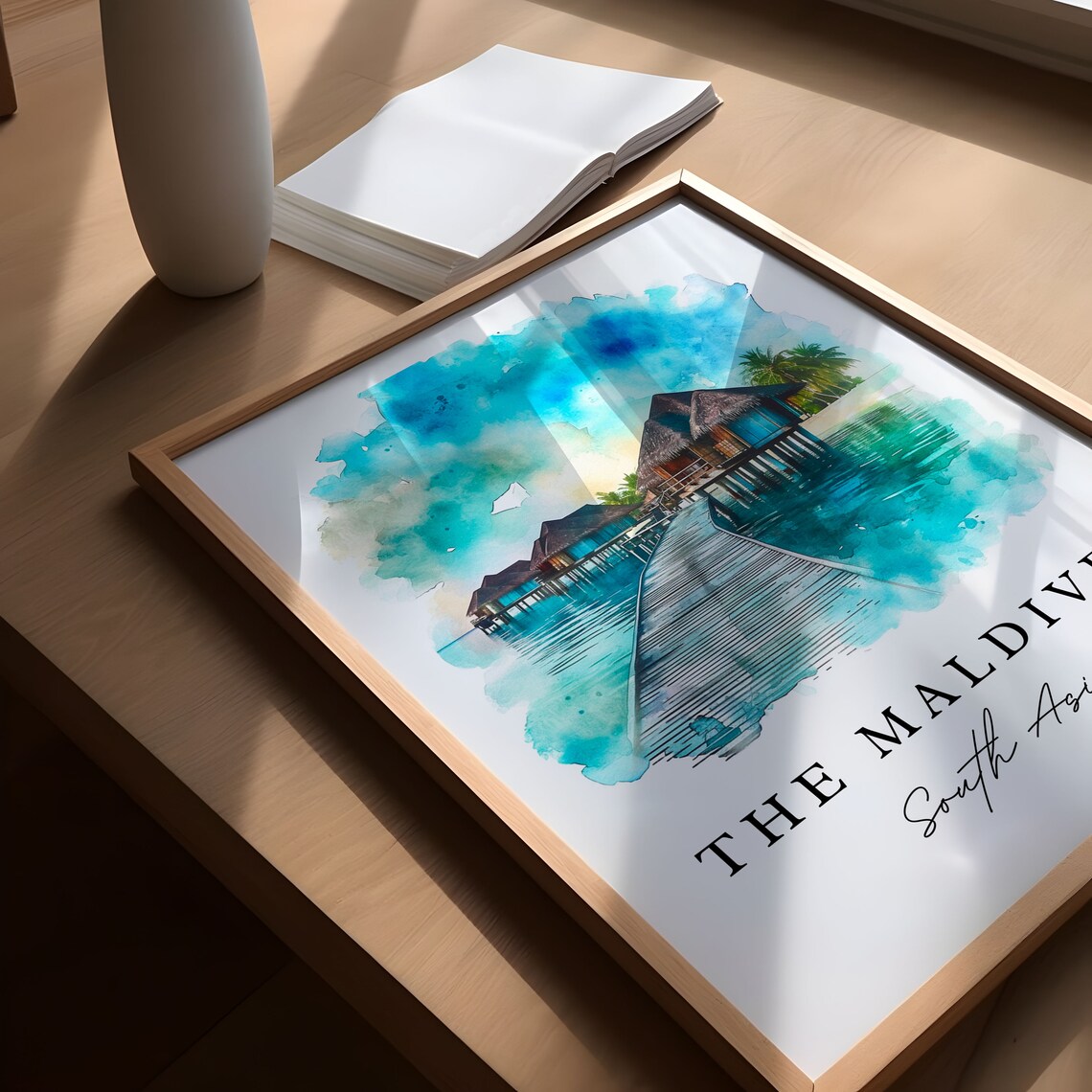 Maldives South Asia Overwater Villas Jetty Watercolor Art Poster - Image 4