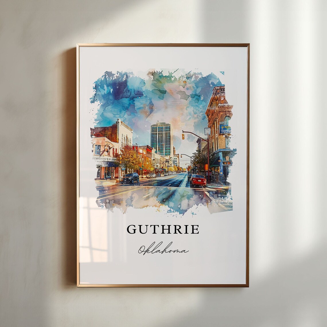 Guthrie Oklahoma Historic Downtown Street Watercolor Travel Poster