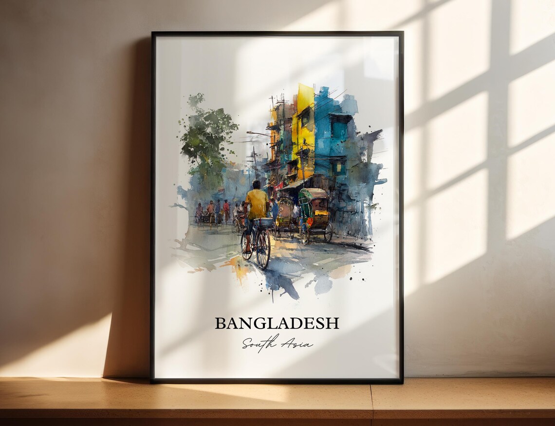 Bangladesh South Asia Rickshaw Street Scene Watercolor Travel Poster