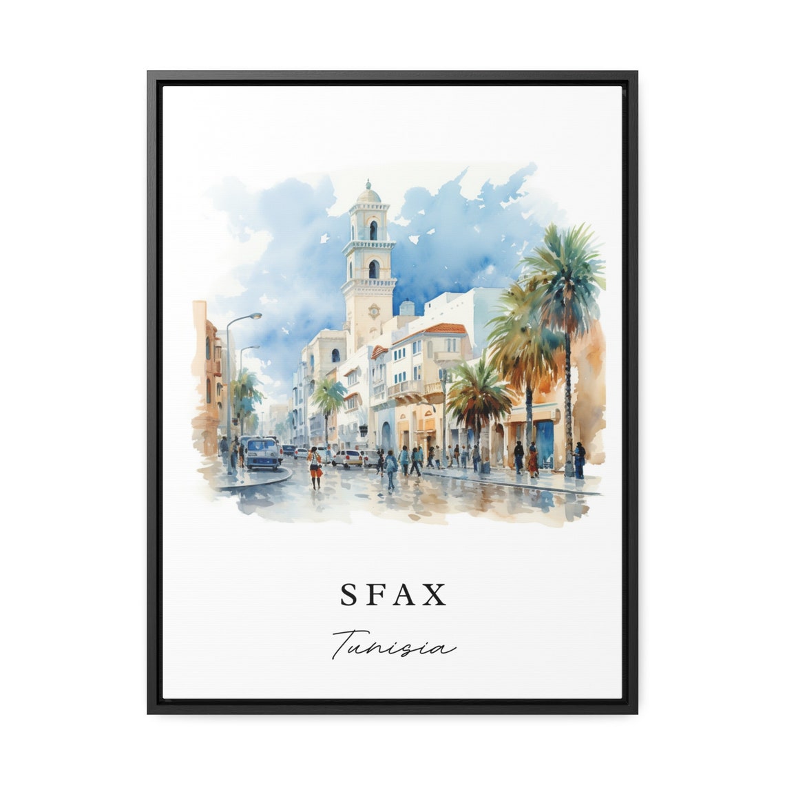 Sfax Tunisia Watercolor Street Palms and Old Tower Travel Poster - Image 2