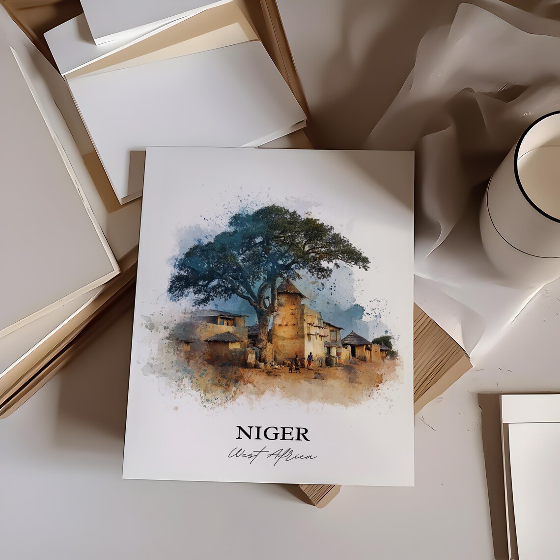 Niger West Africa Desert Village Baobab Shade Watercolor Poster - Image 3