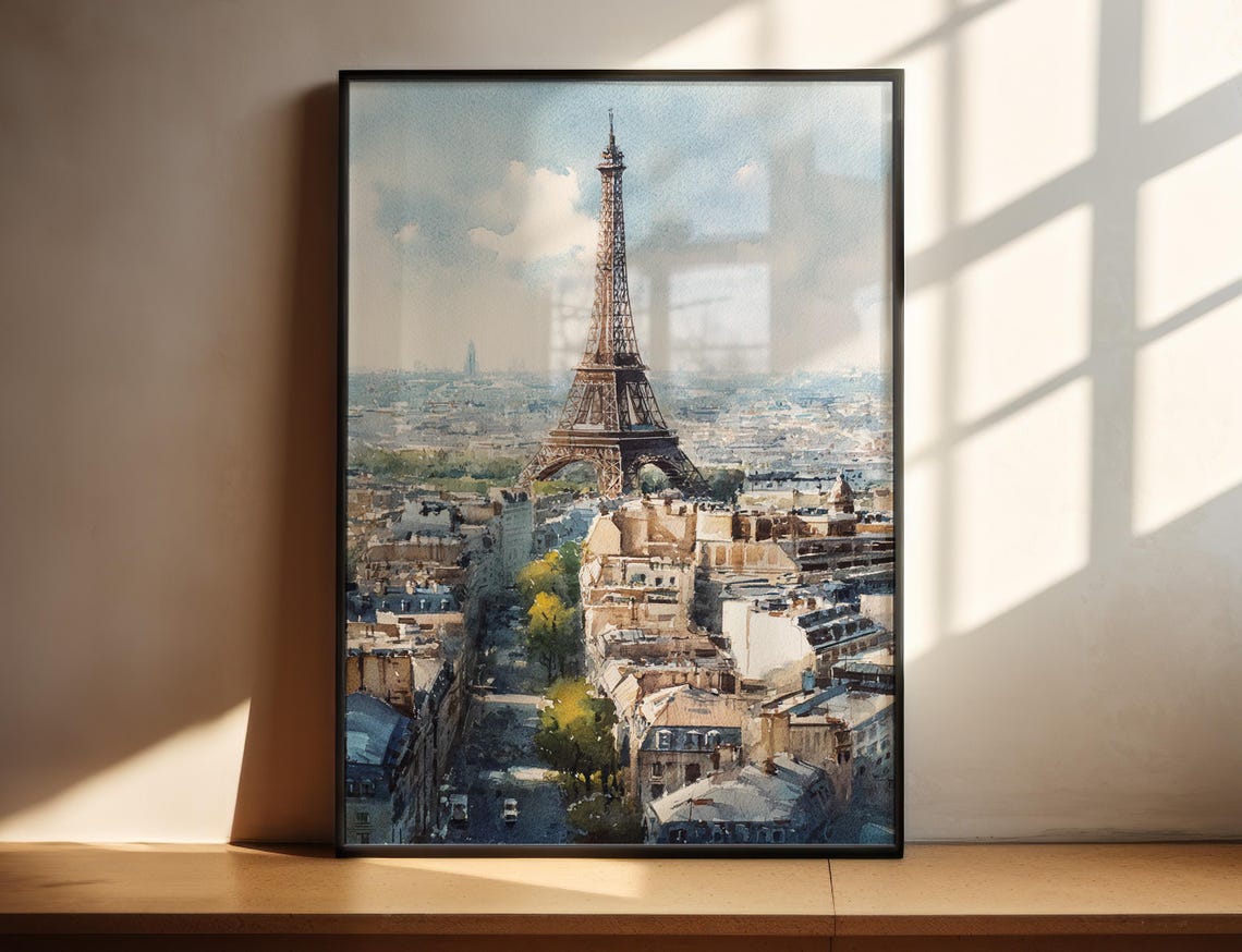 Sunny Eiffel Tower Paris Rooftops Aerial View Watercolor Wall Art