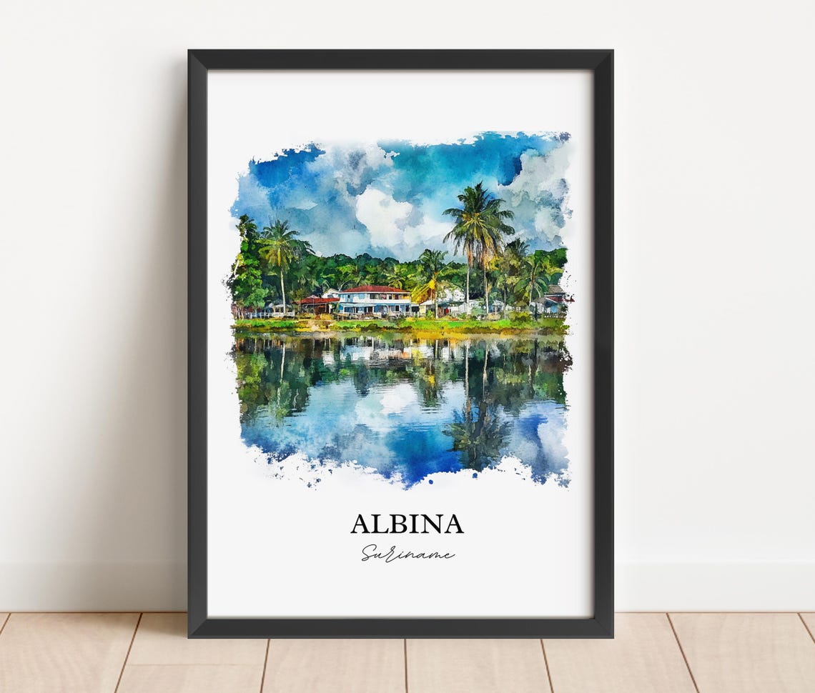 Albina Suriname Watercolor Palm River Reflection Travel Art Poster - Image 5