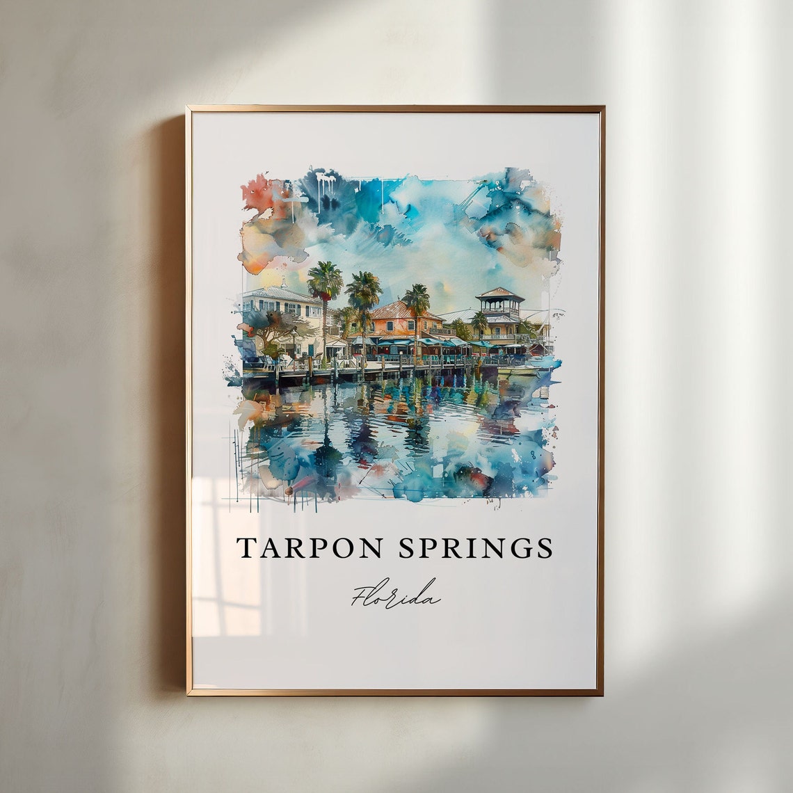 Tarpon Springs Florida Waterfront Palms Watercolor Art Print
