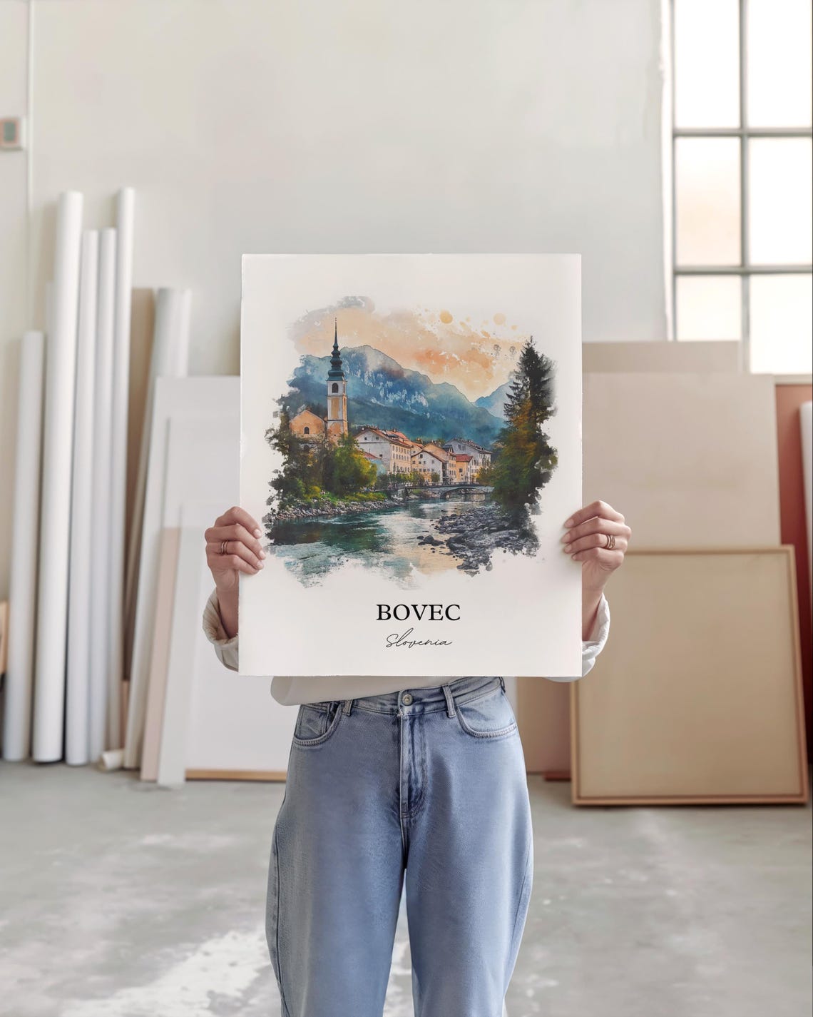 Bovec Slovenia Alpine Riverside Town Watercolor Skyline Travel Poster - Image 3