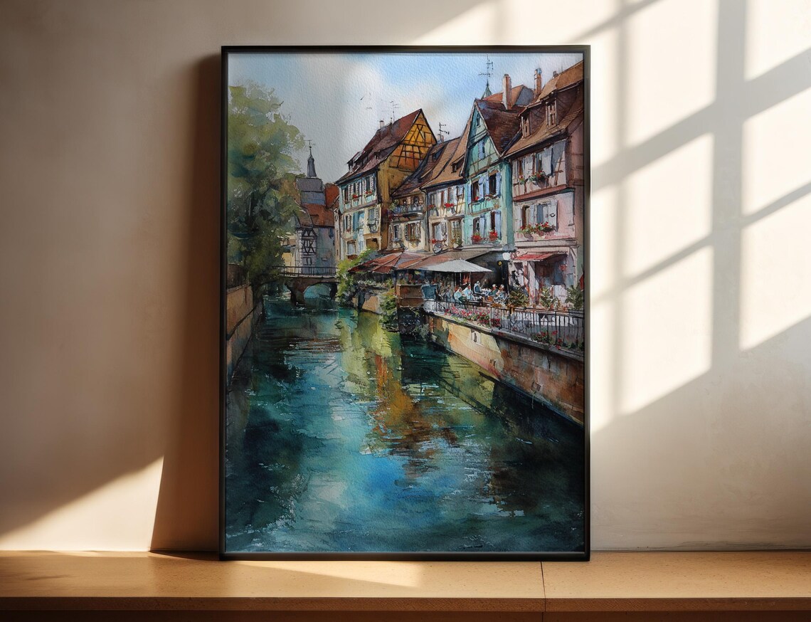 Half Timbered Houses Canal Watercolor France Scenic Art Poster