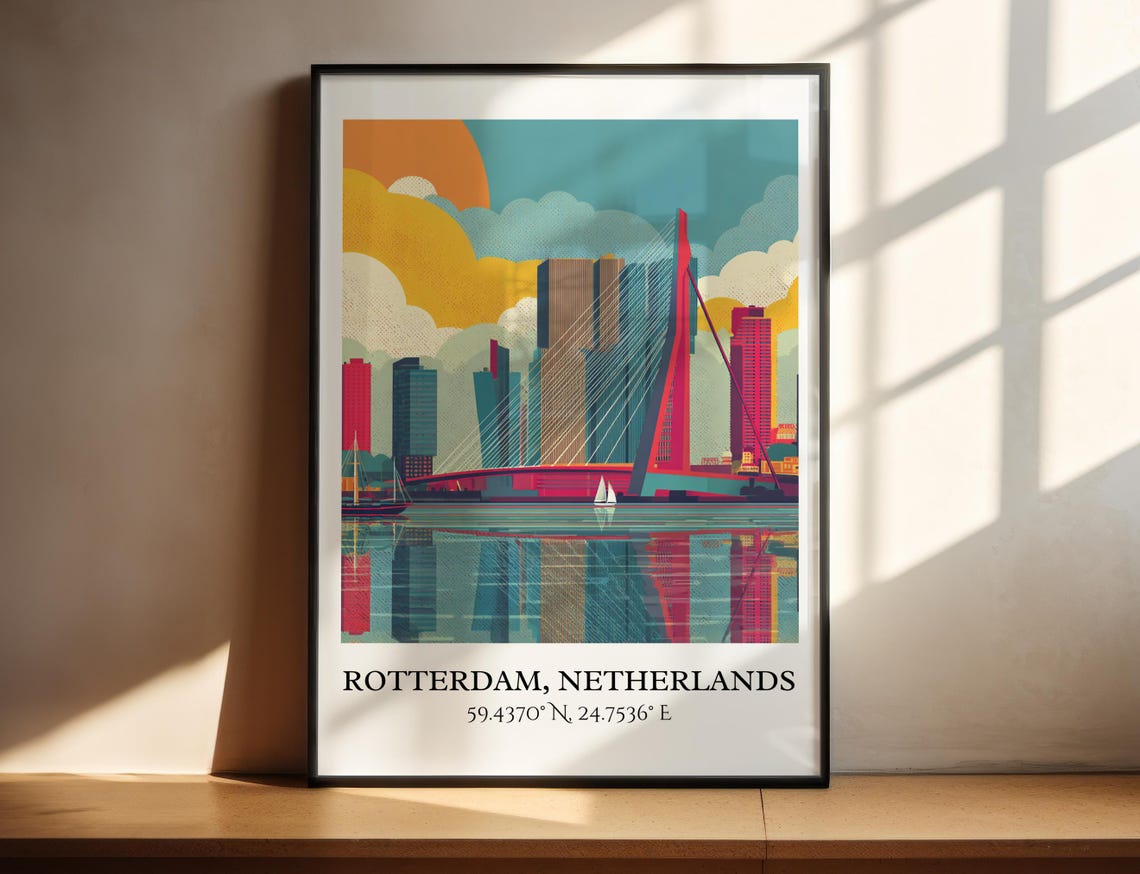 Rotterdam Netherlands Erasmus Bridge Sunset Harbor Travel Poster - Image 2