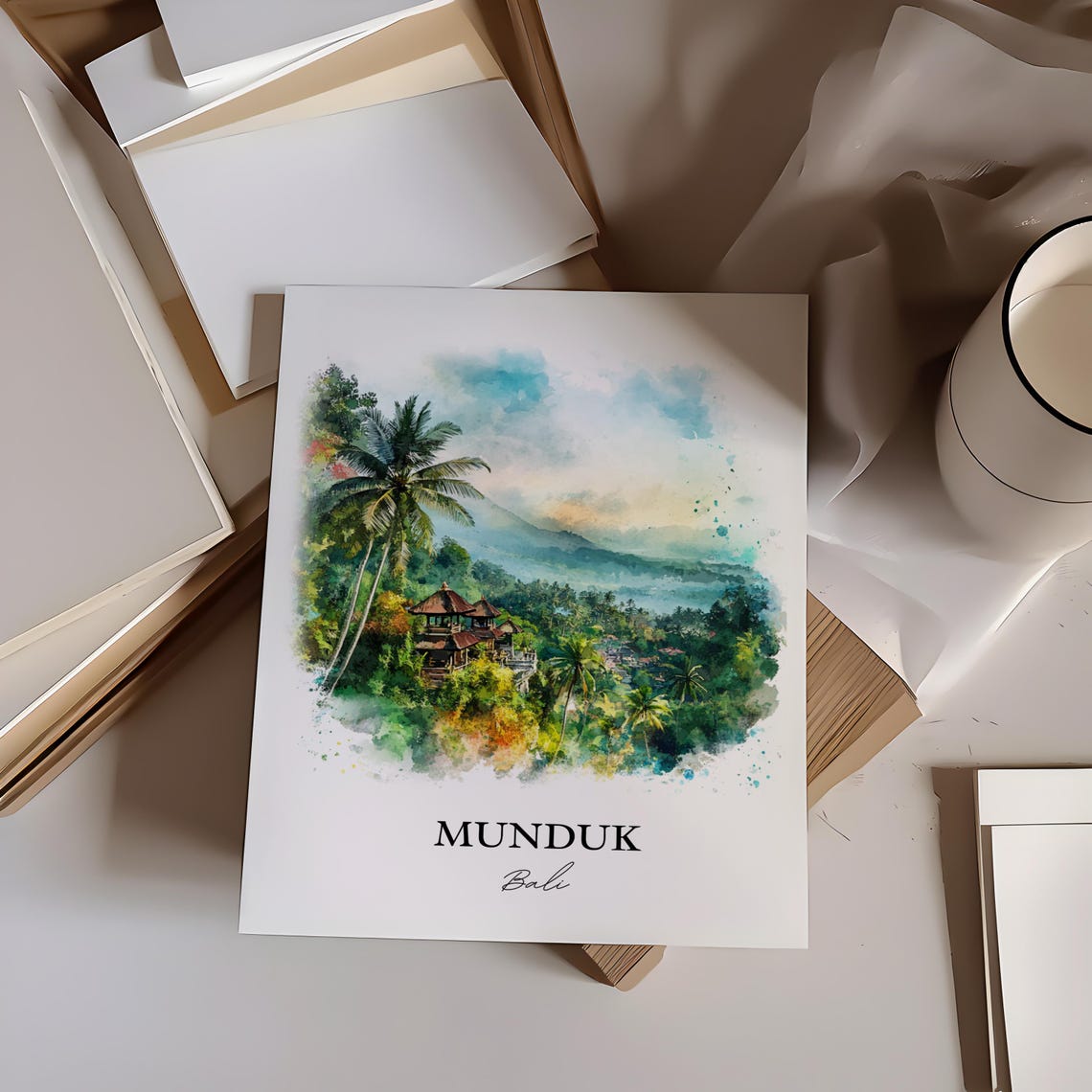 Munduk Bali Watercolor Mountain Temple Misty Jungle Art Poster - Image 4