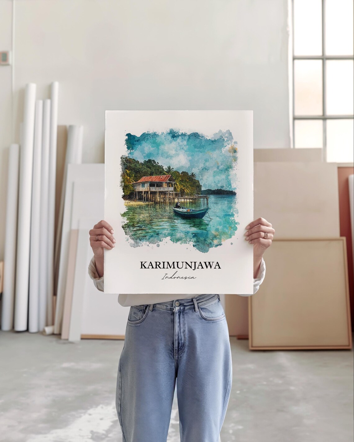 Karimunjawa Indonesia Watercolor Tropical Island Stilt House Poster - Image 4