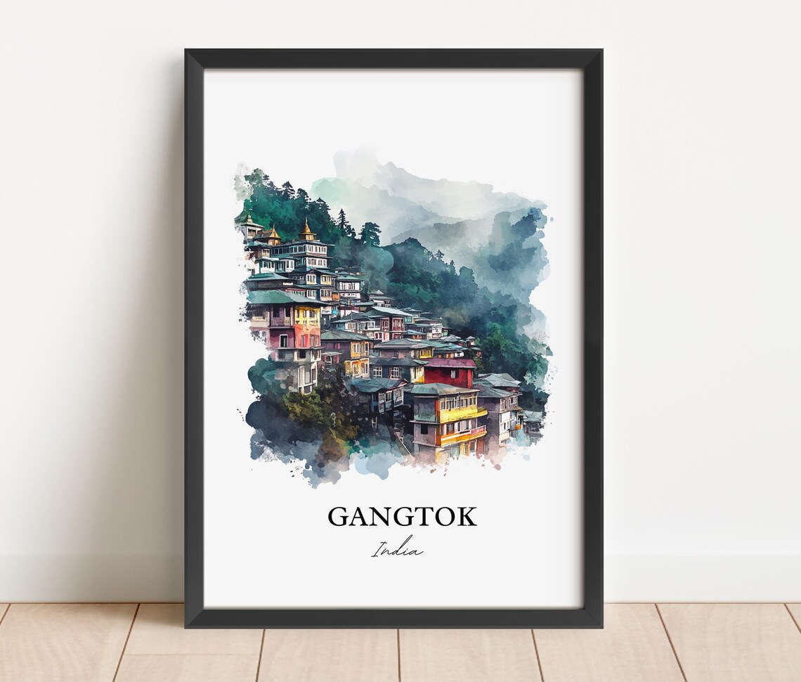 Gangtok India Watercolor Hillside Mountain Town Misty Poster - Image 5