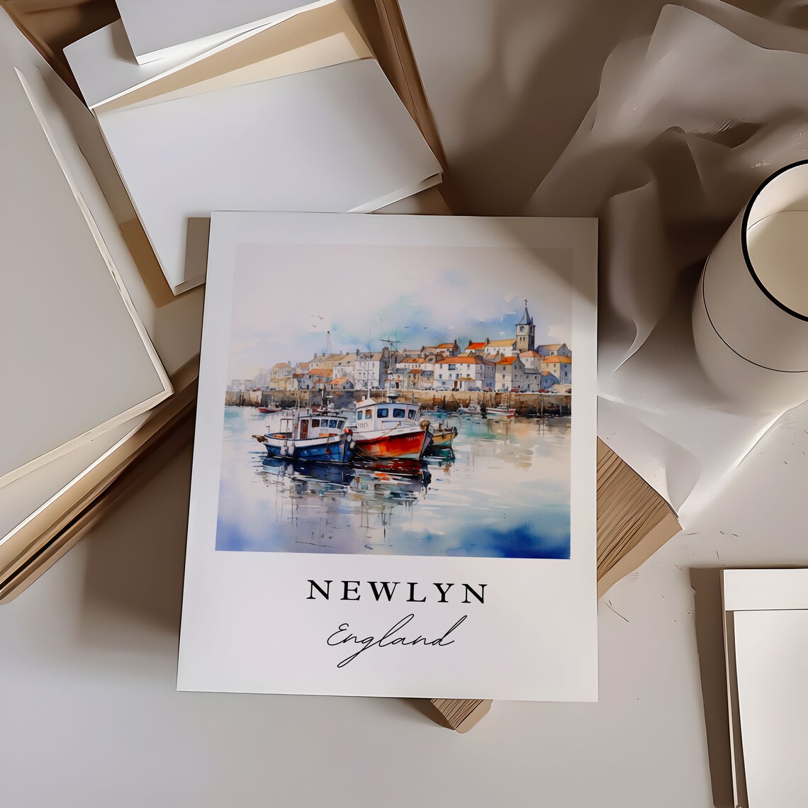 Newlyn England Watercolor Fishing Harbor Boats Travel Poster - Image 6