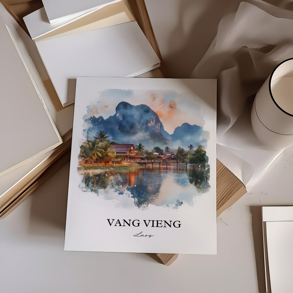 Vang Vieng Laos Watercolor Karst Mountains Sunset River Poster - Image 6
