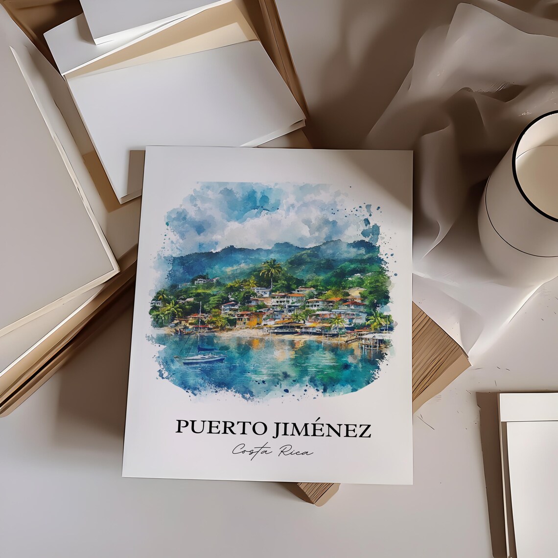 Puerto Jiménez Costa Rica Harbor Boats Watercolor Travel Poster - Image 2