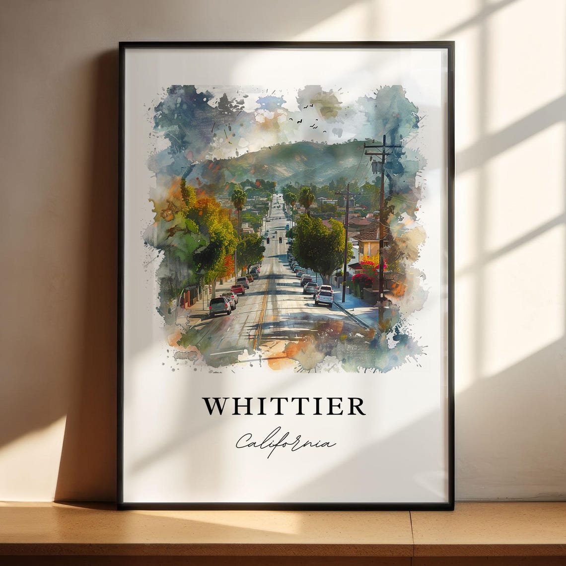 Whittier California Watercolor Palm Lined Street Hills Poster - Image 4