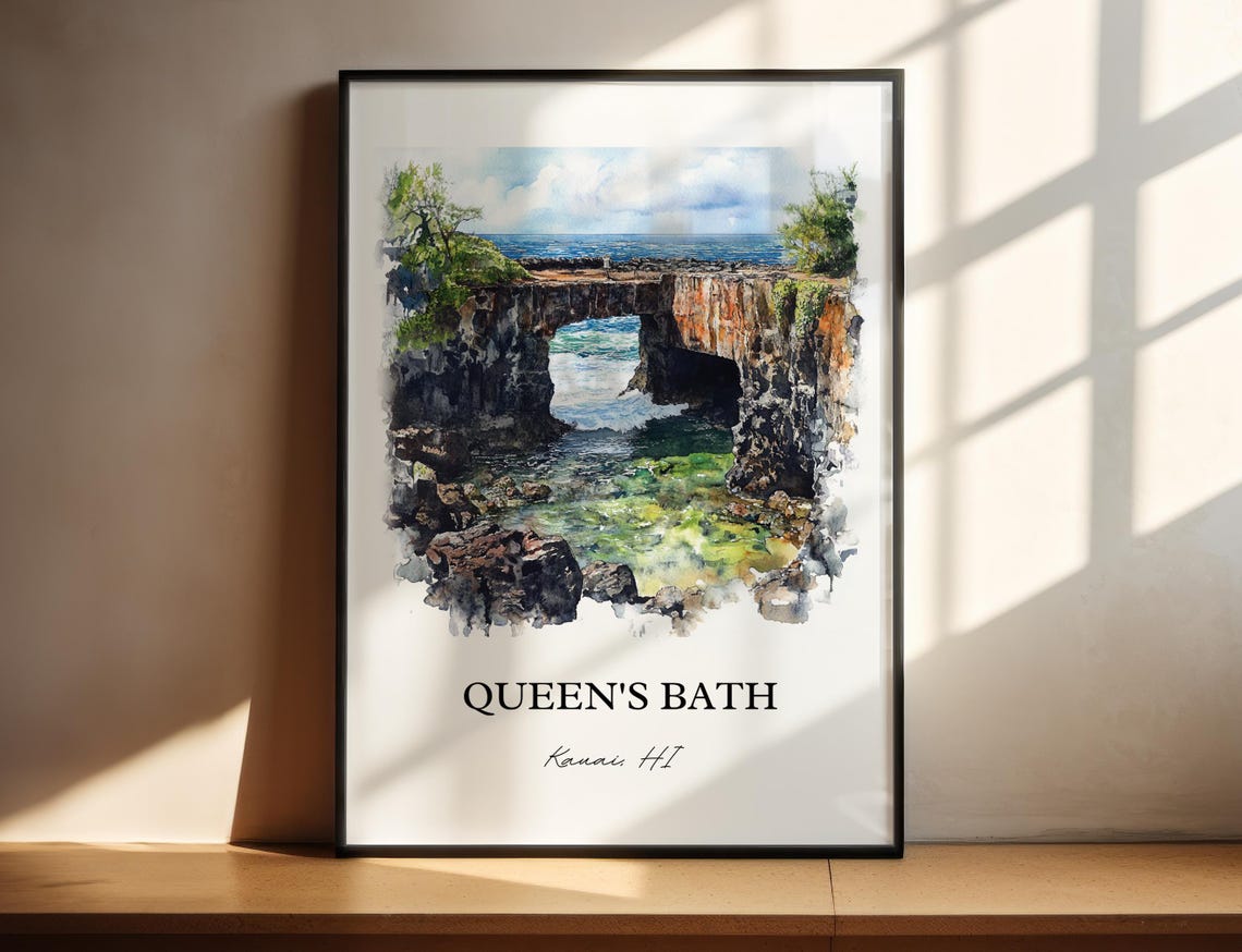 Queens Bath Kauai Hawaii Lava Rock Tide Pool Watercolor Poster