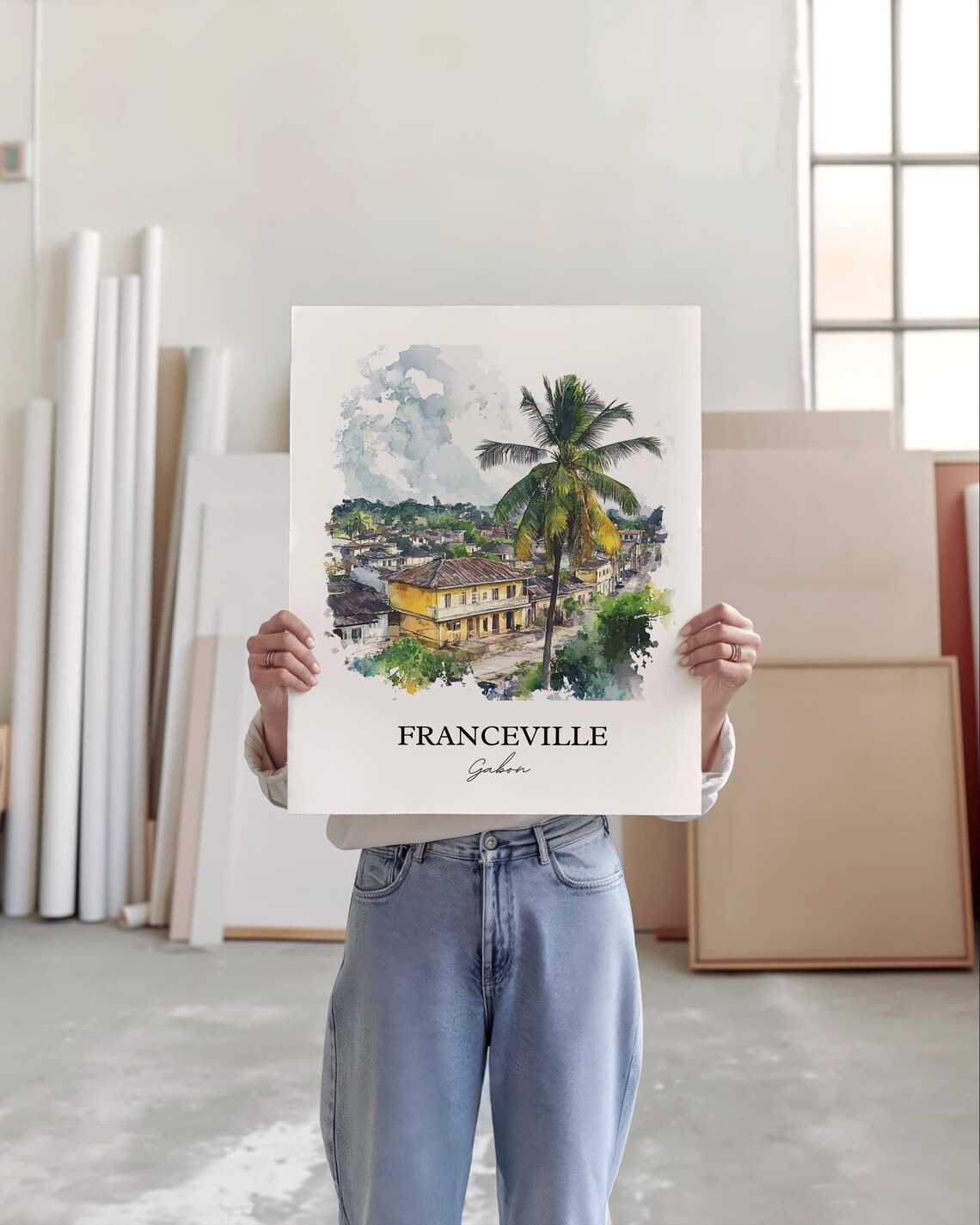 Franceville Gabon African Watercolor Town Palm Tree Art Poster - Image 4