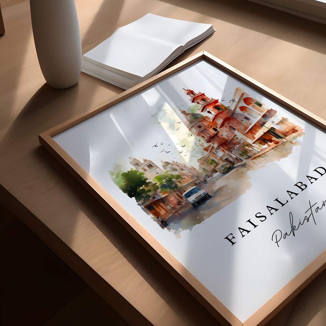 Faisalabad Pakistan Watercolor Historic Street Scene Travel Poster - Image 5