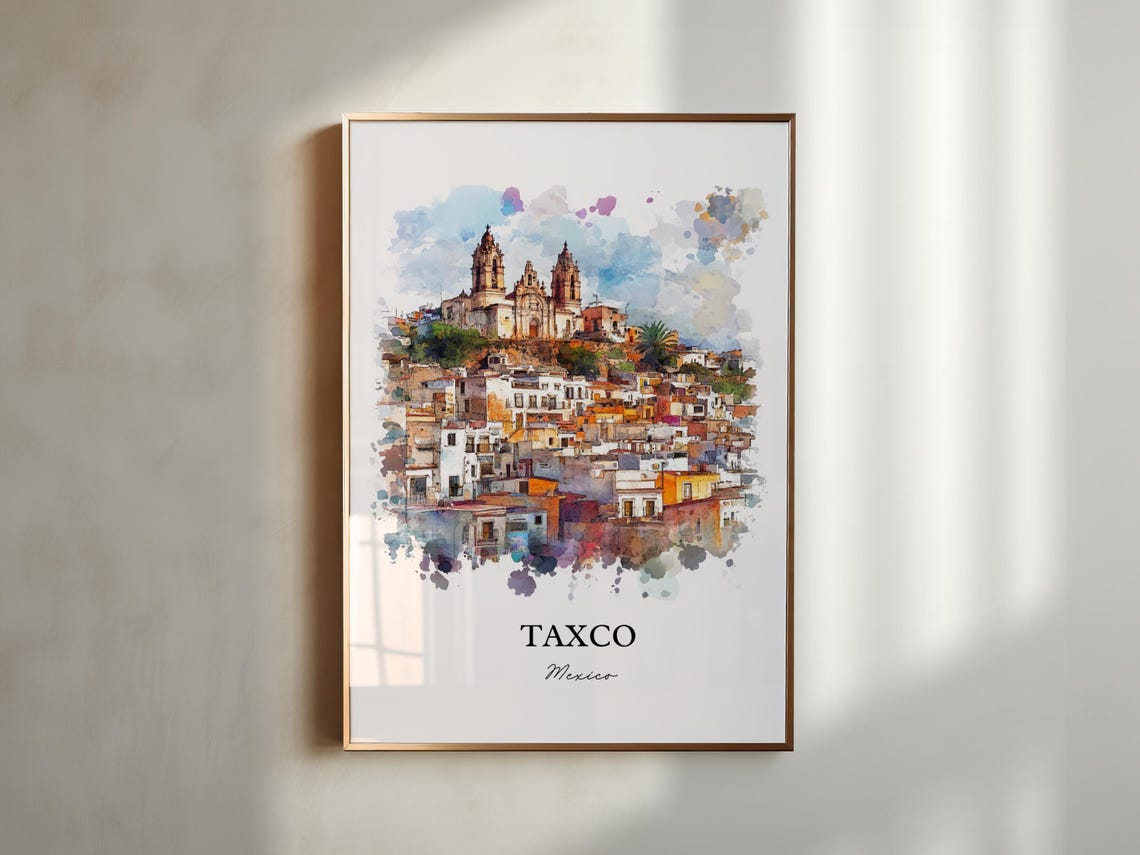Taxco Mexico Watercolor Hillside Cathedral Colorful Rooftops Poster - Image 4